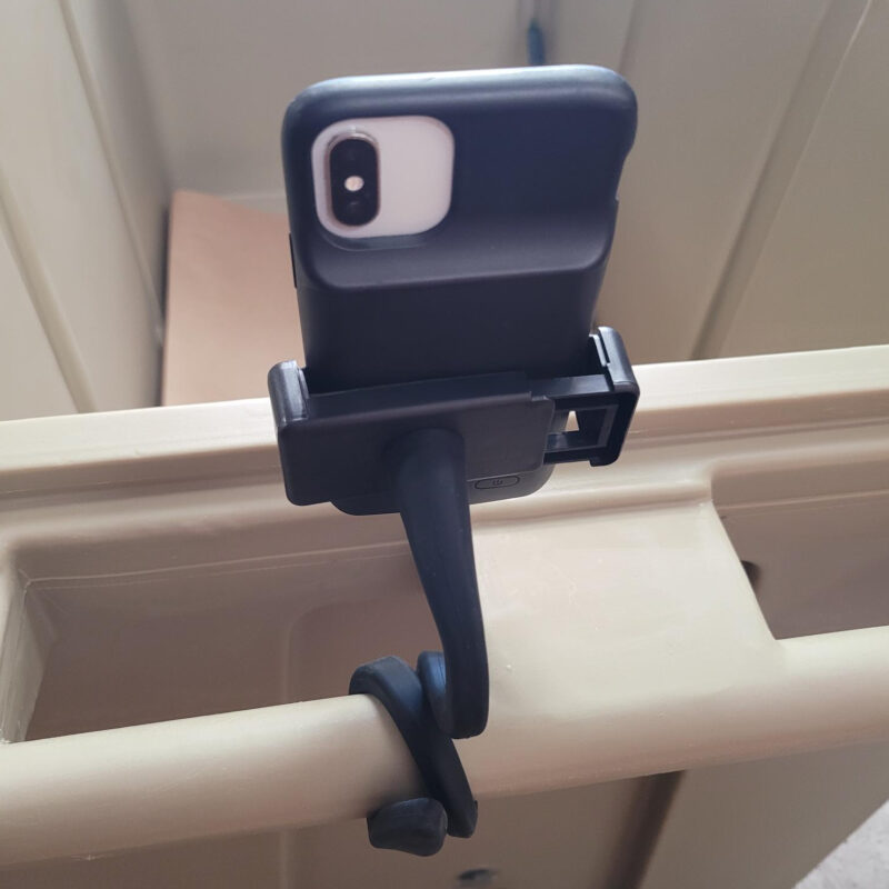 A photo of an adjustable phone holder for a cold plunge tub from Desert Plunge.