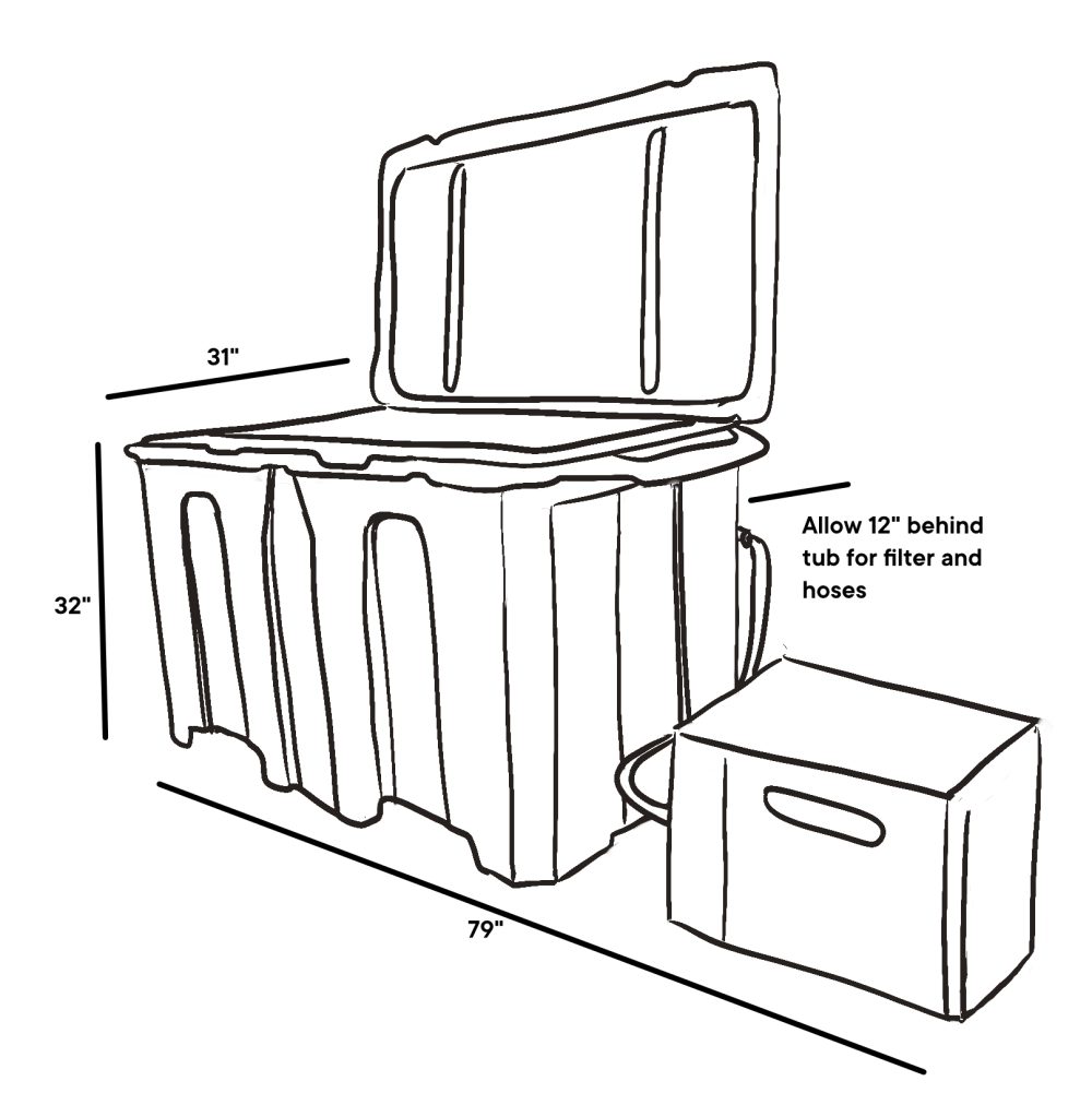 a sketch of the footprint and dimensions of a Desert Plunge three quarter horsepower cold plunge tub