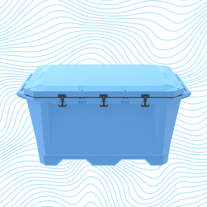A photo of a closed Desert Plunge Grizzly 450 Cold Plunge tub shown in a light blue color.