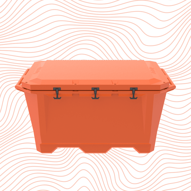 A photo of a closed Desert Plunge Grizzly 450 Cold Plunge tub shown in an orange color.