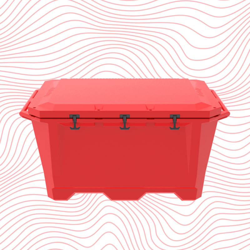 A photo of a closed Desert Plunge Grizzly 450 Cold Plunge tub shown in a red color.