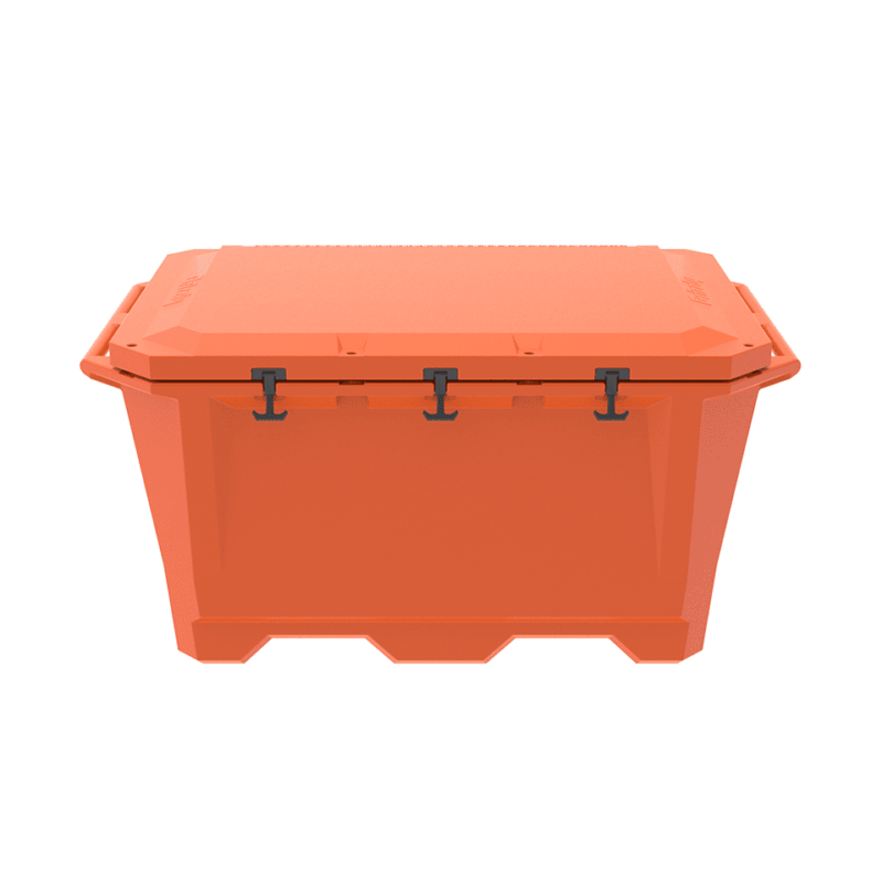 A photo of a closed Grizzly 450 cold plunge tub in an orange color.