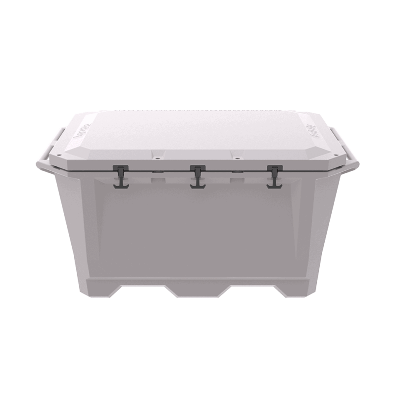 A photo of a closed Grizzly 450 cold plunge tub in a light gray color.