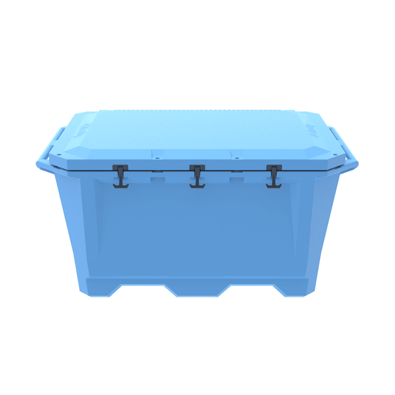 A photo of a closed Grizzly 450 cold plunge tub in a light blue color.