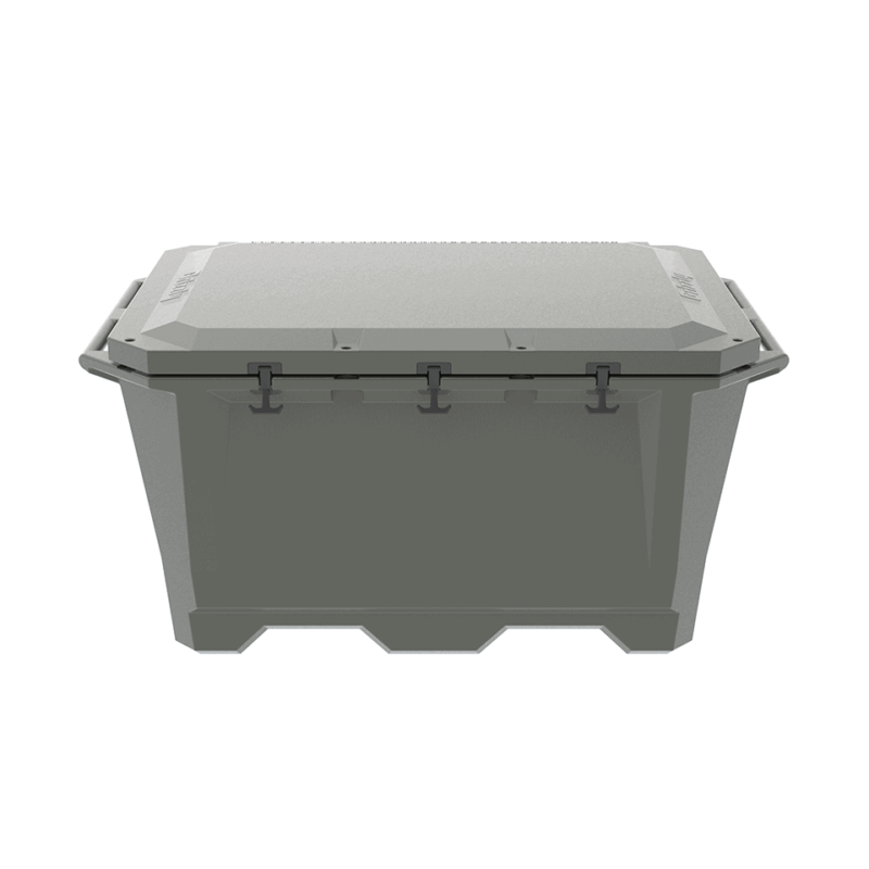 A photo of a closed Grizzly 450 cold plunge tub in a dark lunar green color.