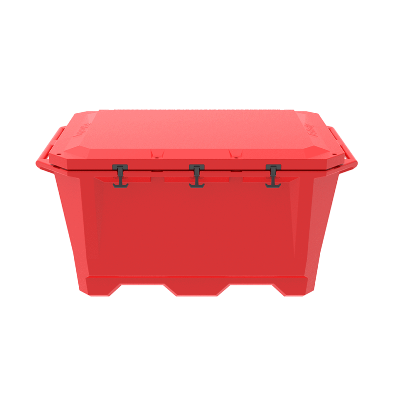 A photo of a closed Grizzly 450 cold plunge tub in a red color.