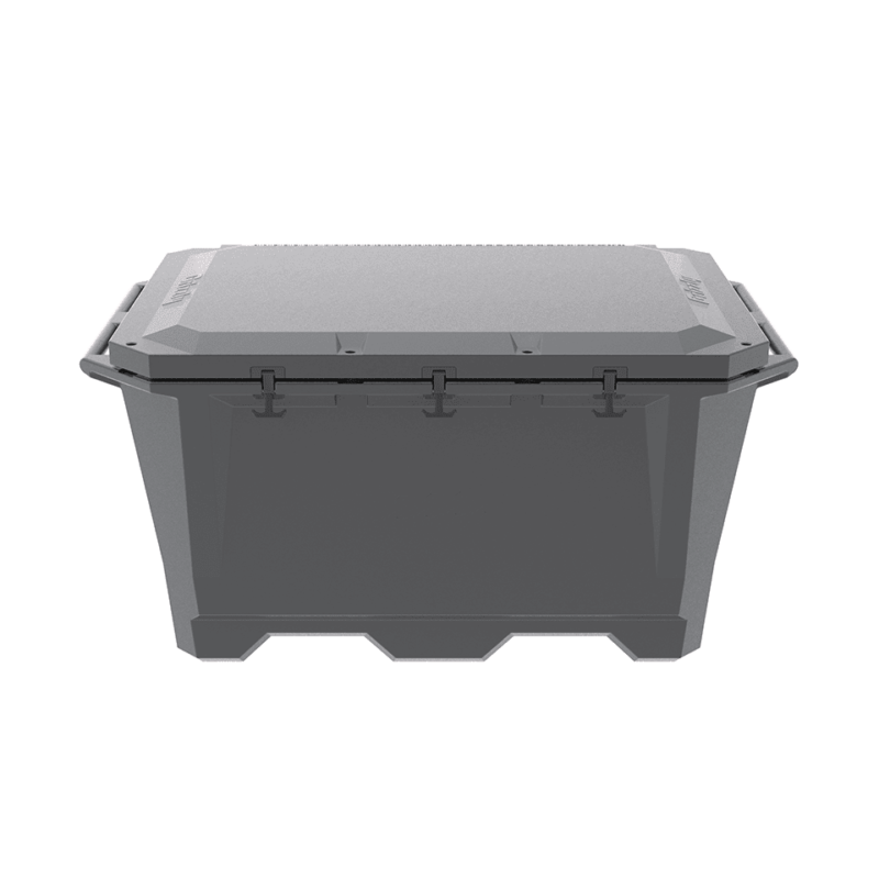 A photo of a closed Grizzly 450 cold plunge tub in a dark gray color.
