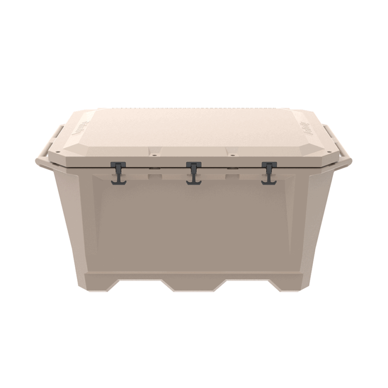 A photo of a closed Grizzly 450 cold plunge tub in a tan color.