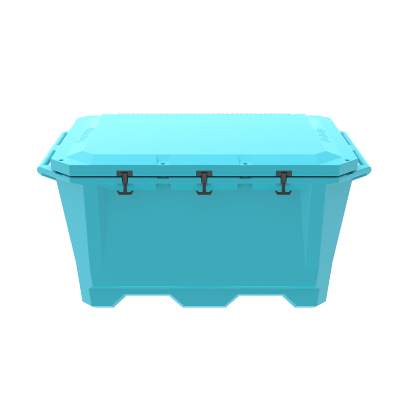 A photo of a closed Grizzly 450 cold plunge tub in a teal blue color.