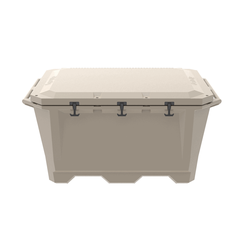 A photo of a closed Grizzly 450 cold plunge tub in a whitetail tan color.