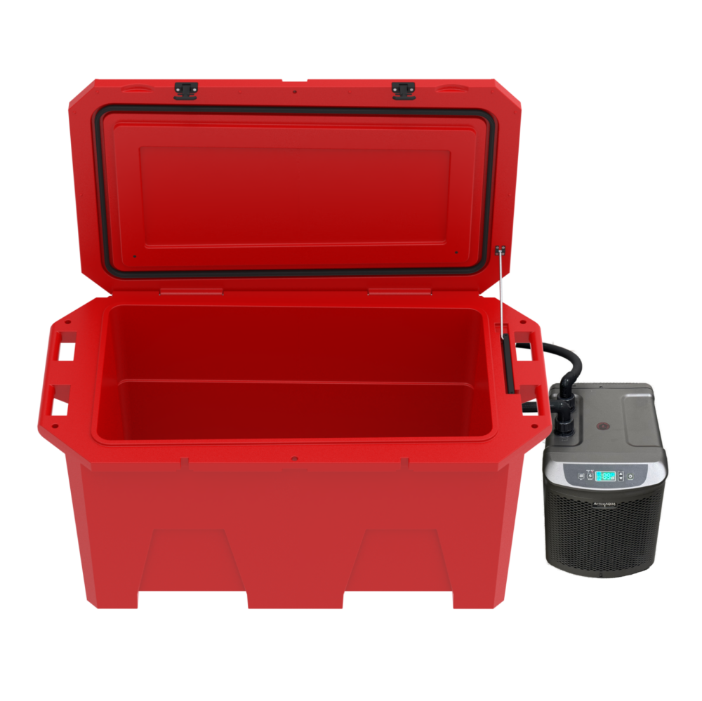 A photo of the Desert Plunge Exclusive Cold Plunge in Red with chiller, lid open