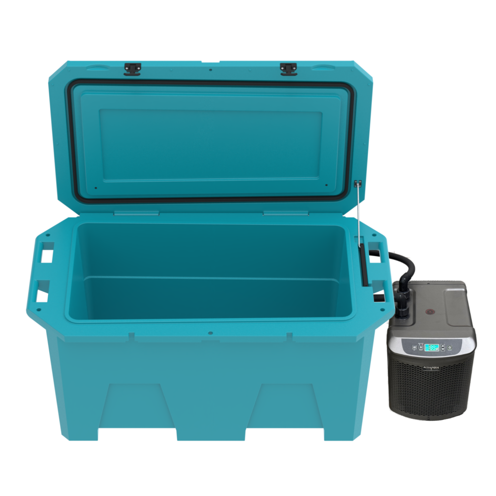 A photo of the Desert Plunge Exclusive Cold Plunge in Teal with chiller, lid open