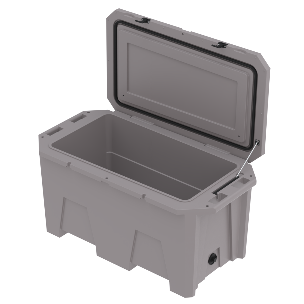 A photo of the Desert Plunge Exclusive Cold Plunge Tub in Gray at an angle, lid open 