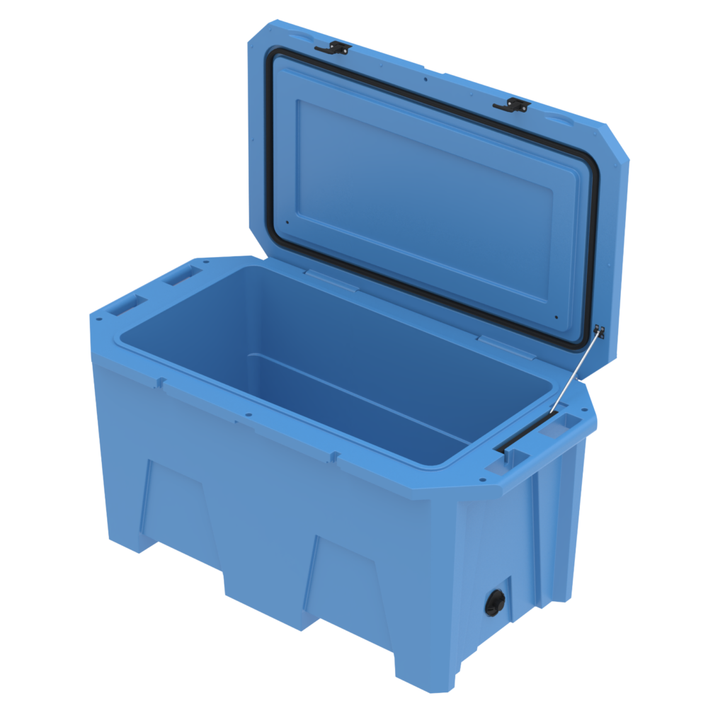 A photo of the Desert Plunge Exclusive Cold Plunge Tub in Light Blue at an angle, lid open 