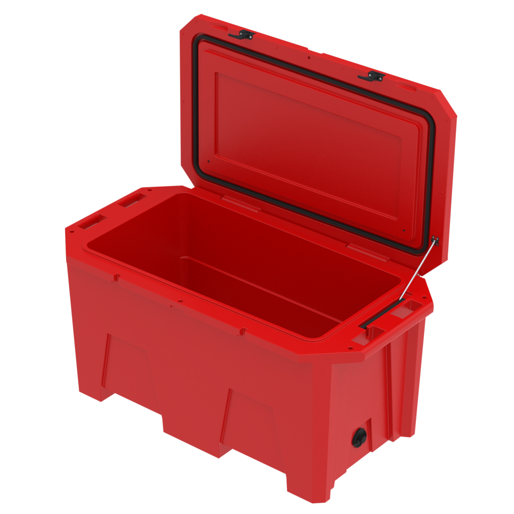 A photo of the Desert Plunge Exclusive Cold Plunge Tub in Red at an angle, lid open 