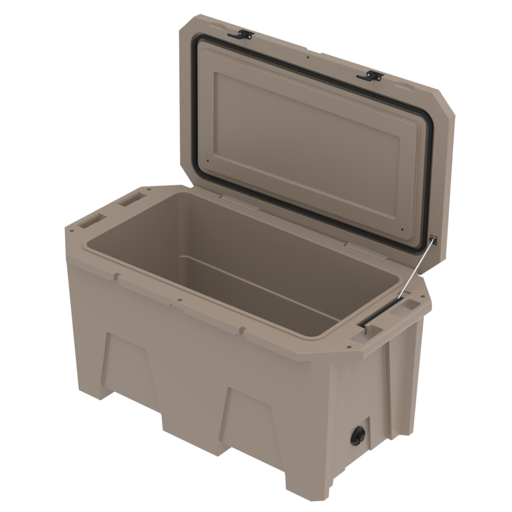 A photo of the Desert Plunge Exclusive Cold Plunge Tub in Tan at an angle, lid open 