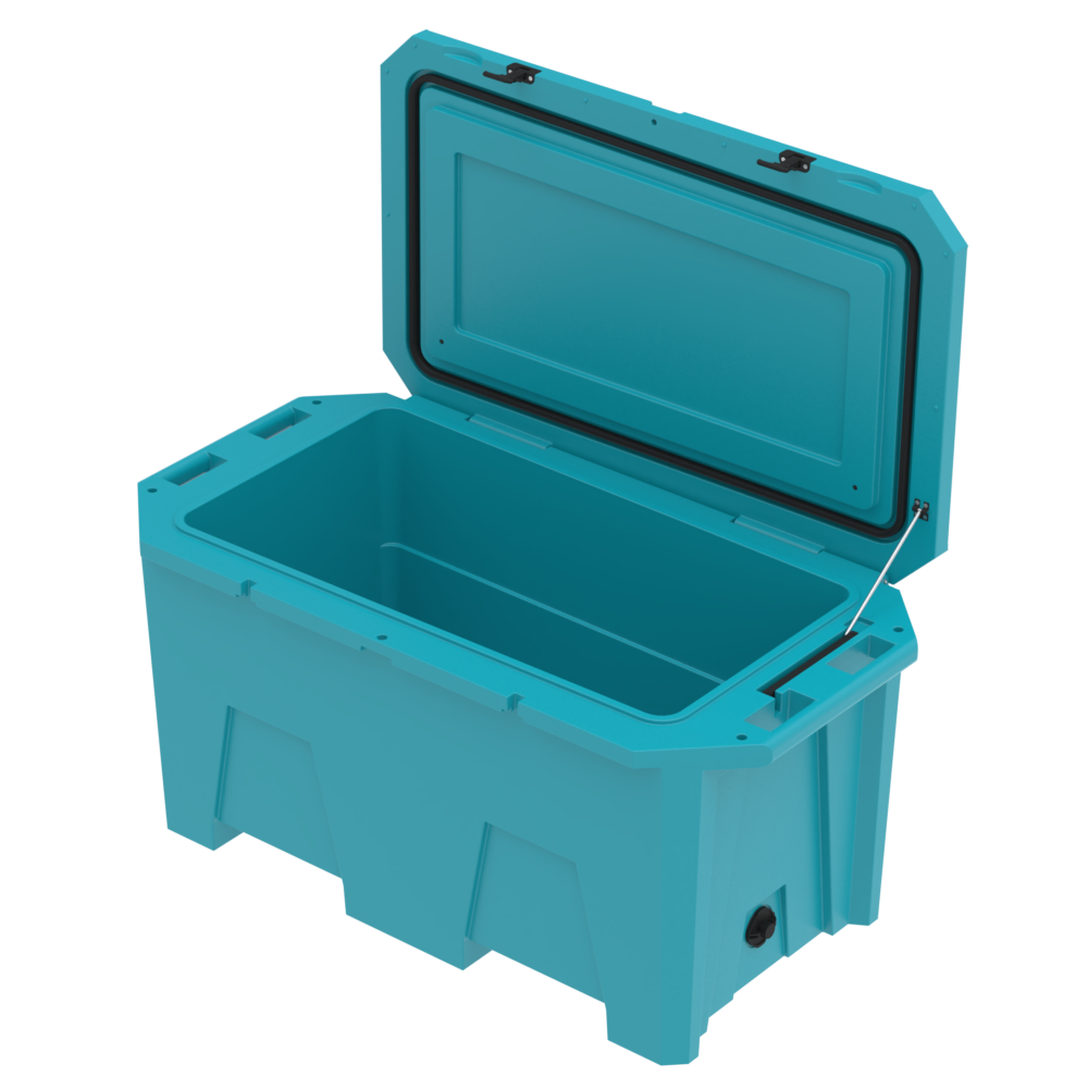 A photo of the Desert Plunge Exclusive Cold Plunge Tub in Teal at an angle, lid open 