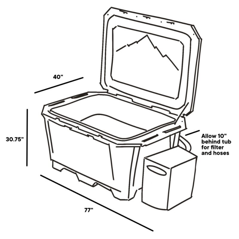 A sketch of the footprint and dimensions of the Wide Desert Plunge grizzly cold plunge tub