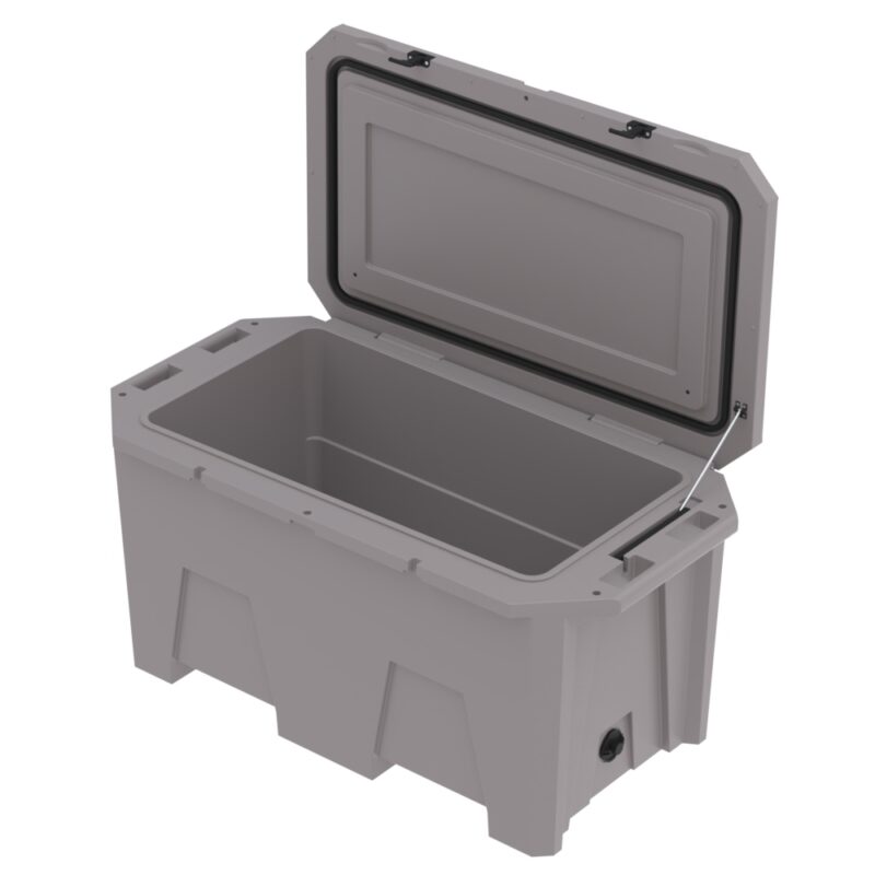 A photo of the Desert Plunge Exclusive Cold Plunge Tub in Gray at an angle, lid open