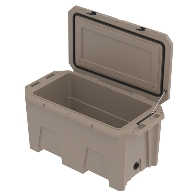 A photo of the Desert Plunge Exclusive Cold Plunge Tub in Tan at an angle, lid open 